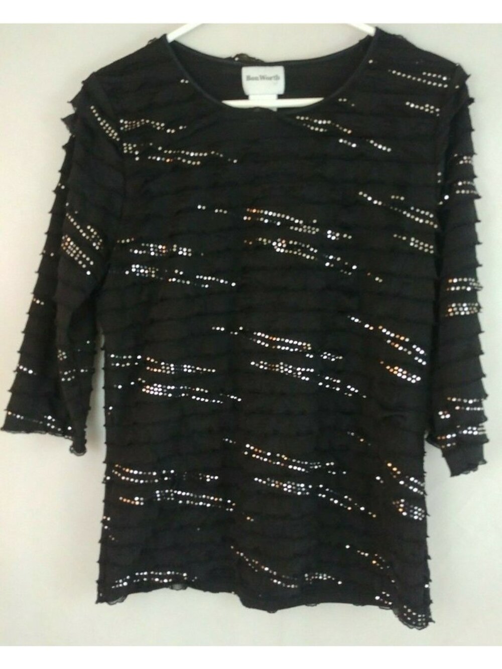 Bon Worth 3/4 Sleeve Black Ruffled Blouse With Embellished Silver Size XS